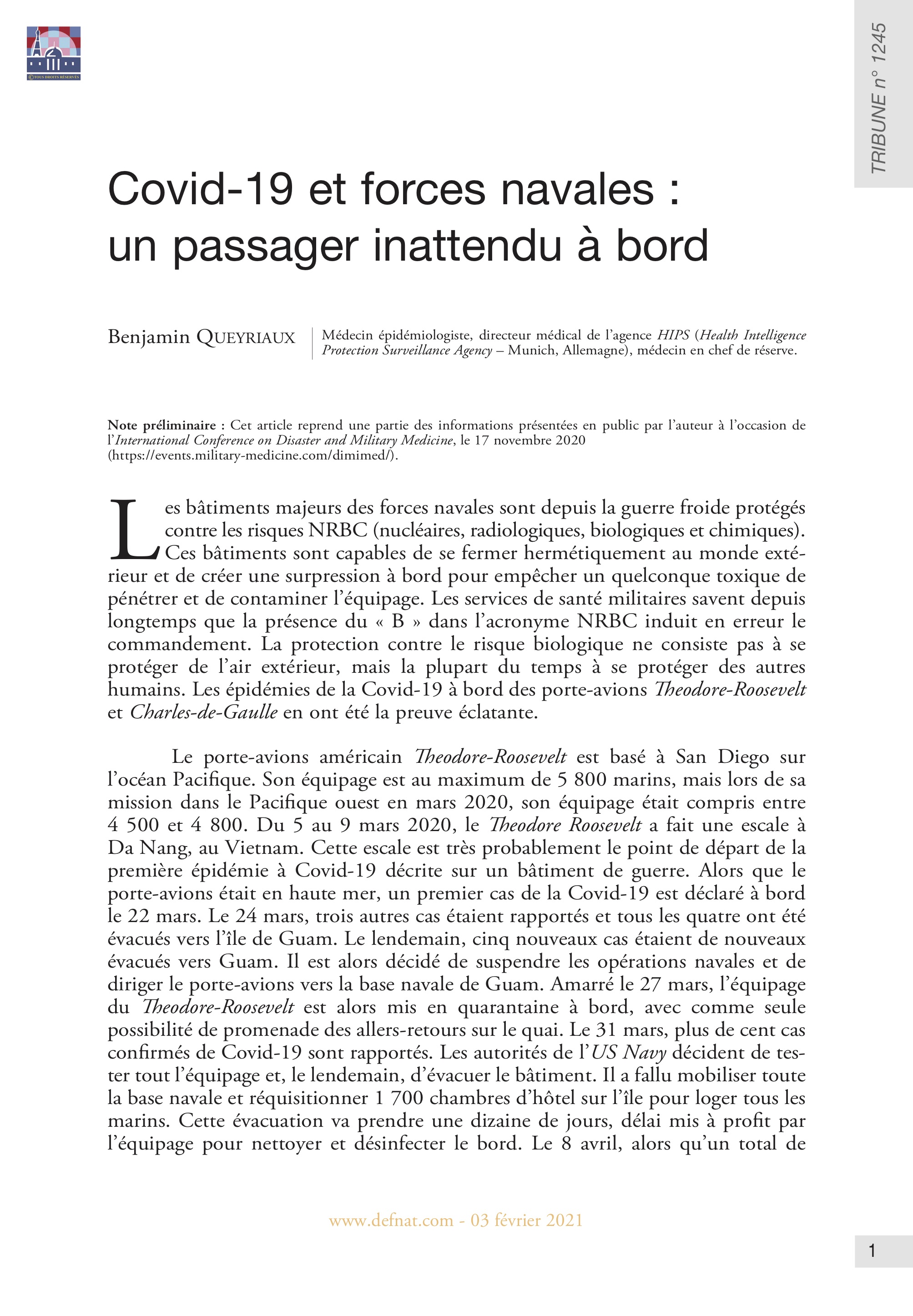 Covid-19 et forces navales : un passager inattendu à bord (T 1245)
